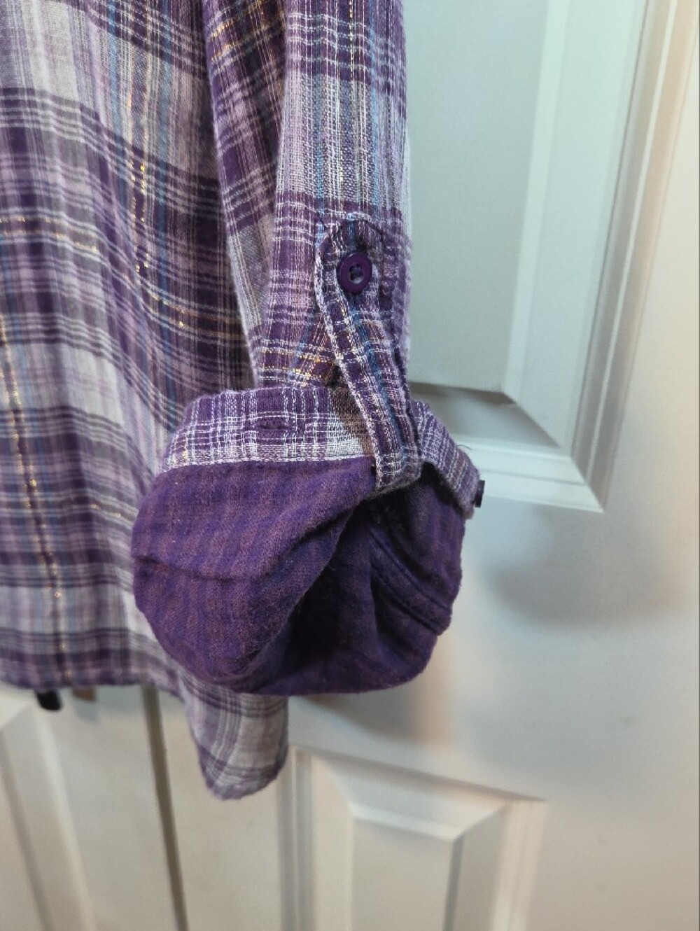 Relativity Lavender Plaid Ruffle-Front Button-Down Shirt - Picture 7 of 14